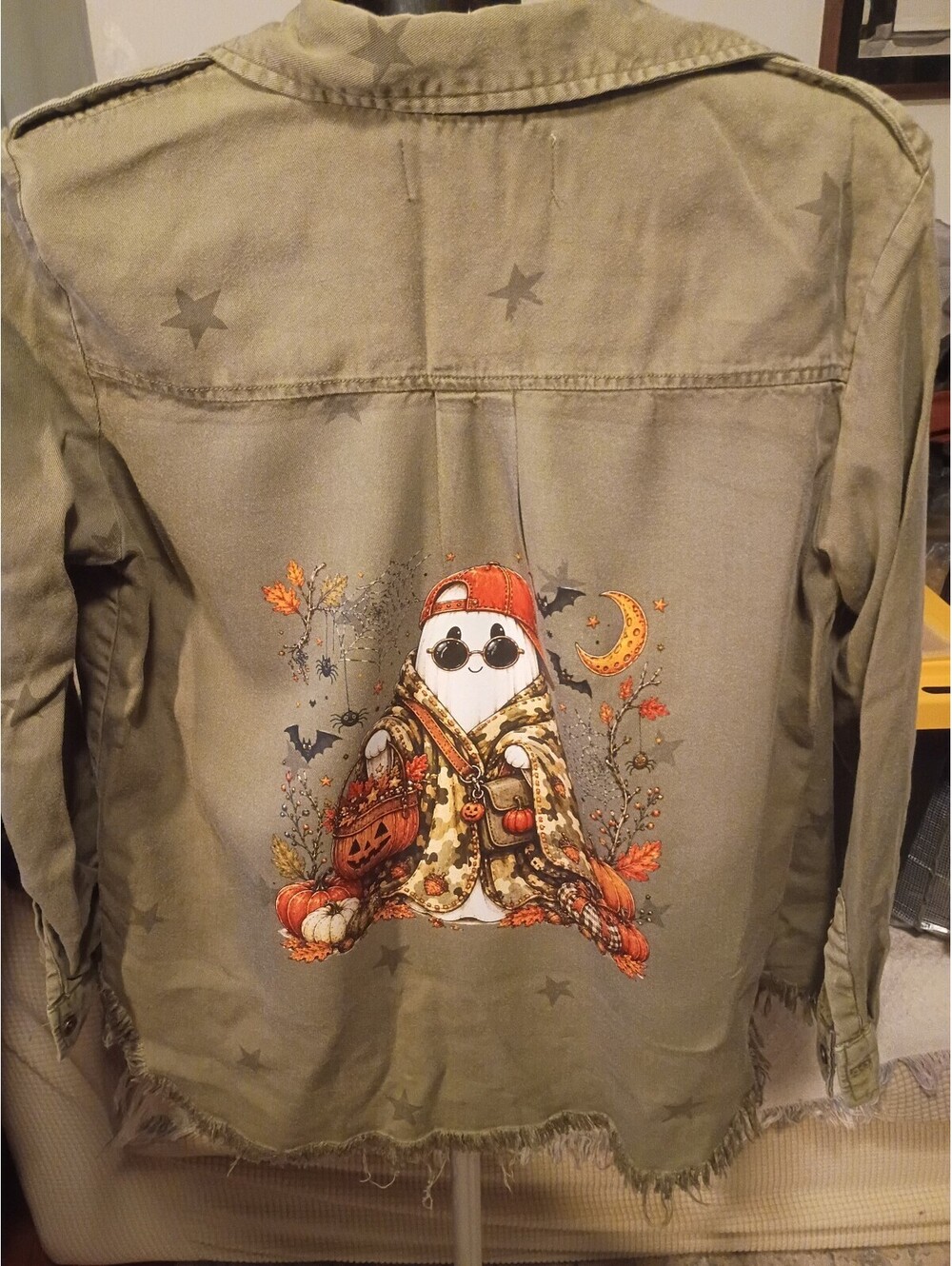 Vintage Havana Olive Green Military Style Jacket with Ghost Halloween Graphic